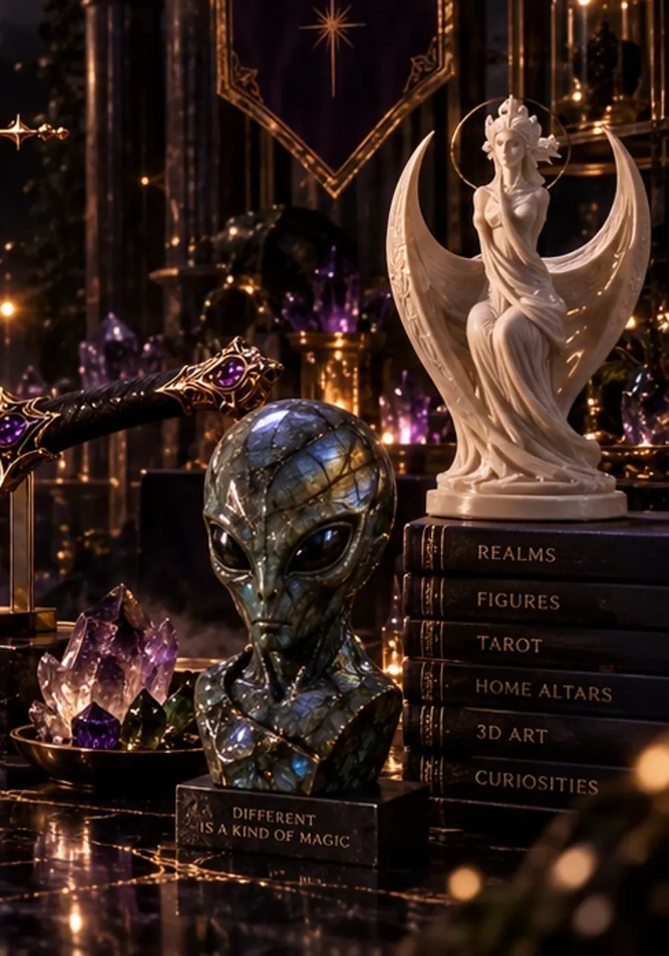 Illustrated fantasy sculpture and otherworldly curiosities