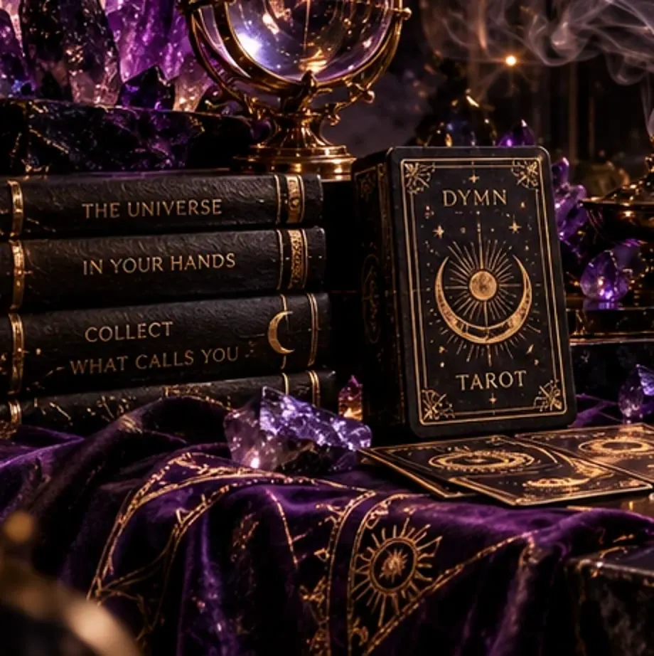 Illustrated tarot cards in the Dymn showroom