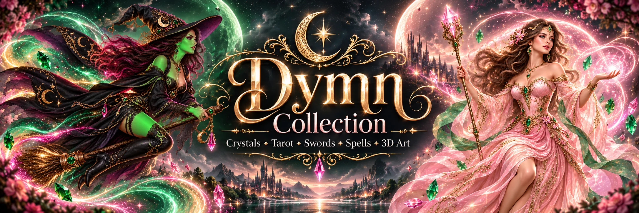 Dymn Collection — emerald and pink fantasy witches, crystals, tarot, swords, spells and 3D art